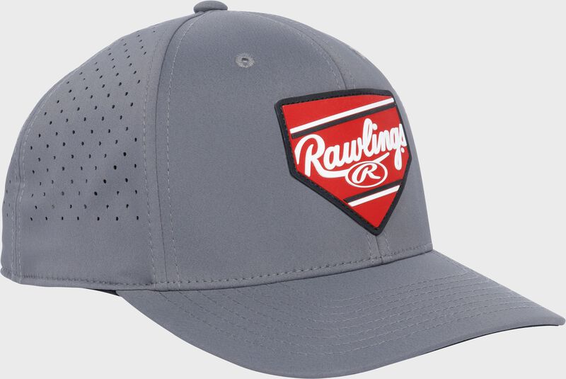 Front angle view of a gray Rawlings Home Plate performance curved bill snapback hat