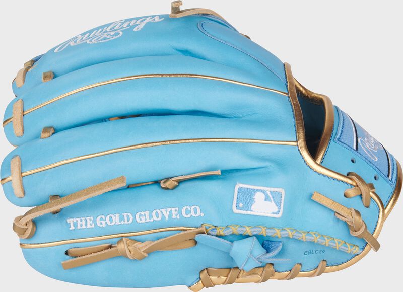 Back of a Columbia blue exclusive Heart of the Hide 11.75" infield/pitcher's glove with the MLB logo on the pinky