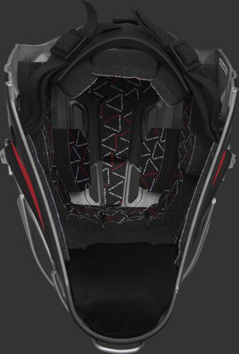 Inside foam of a black/scarlet CHV27J Rawlings catcher's helmet