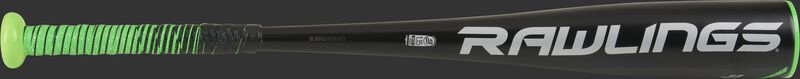 A gray Rawlings logo on the black barrel of a 5150 coach pitch bat - SKU: UT1511