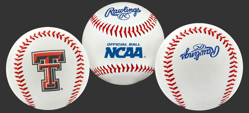 3 views of a NCAA Texas Tech Red Raiders baseball with a team logo, NCAA logo and Rawlings logo