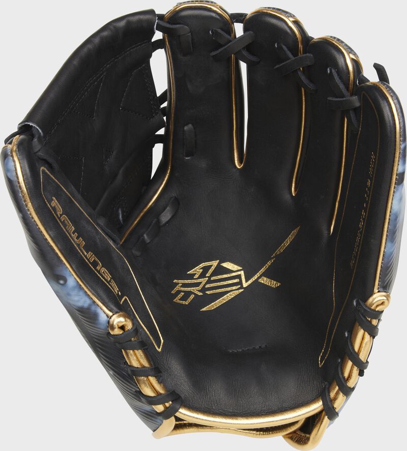 Black palm of a Rawlings REV1X infield/pitcher's glove with black laces and gold stamping - SKU: REV205-9XB