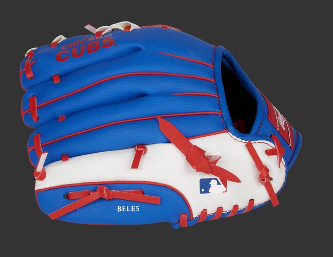 Back of a blue/white Rawlings Chicago Cubs youth glove with the MLB logo on the pinky - SKU: 22000008111