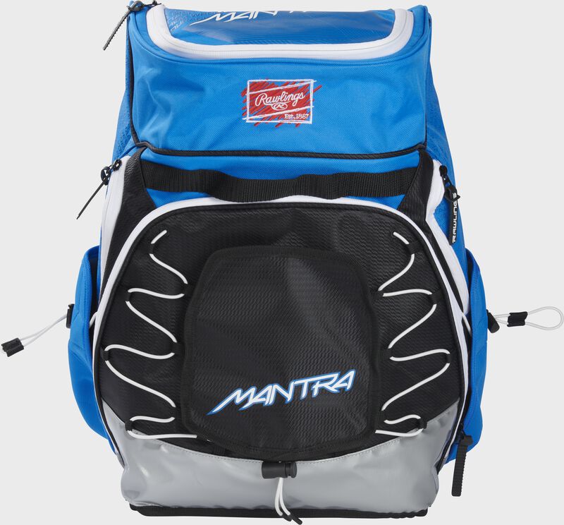 Front view of a light blue Rawlings Softball Backpack - SKU: R800