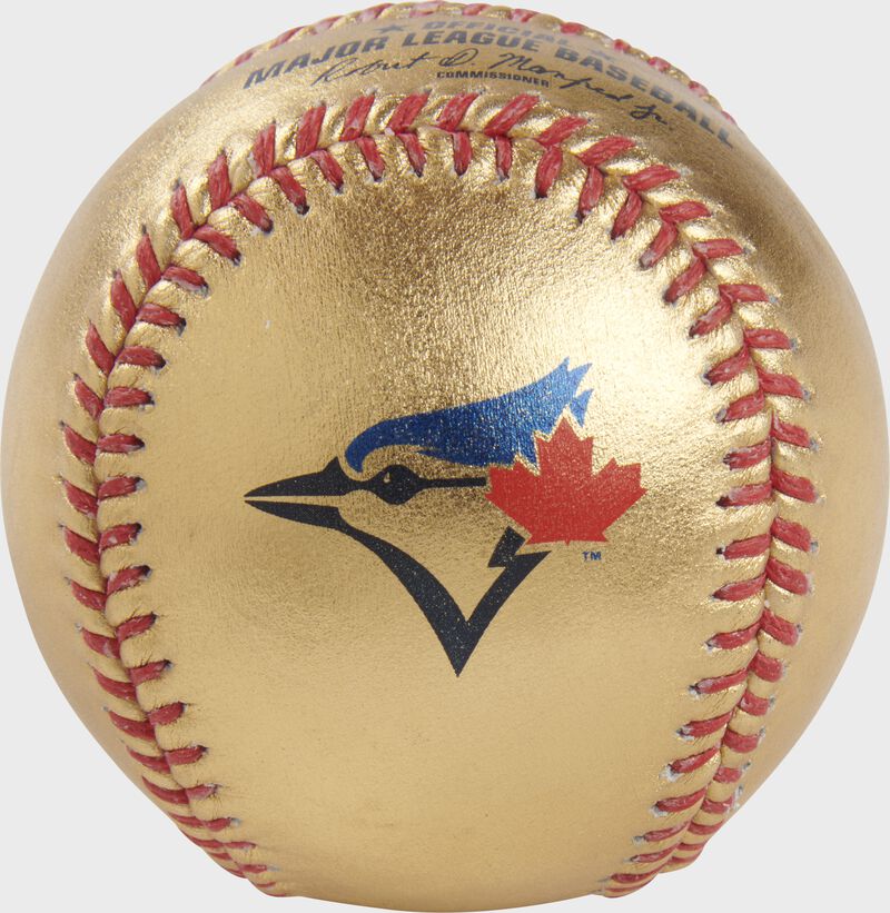 Blue Jays logo on a gold MLB baseball with red stitches - SKU: RSGEA-GOLDTOR-R