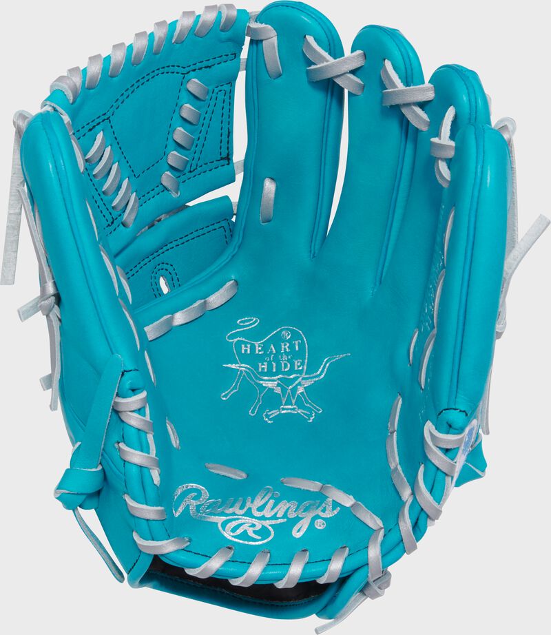 Palm of a teal Rawlings Heart of the Hide 11.75-Inch Infield/Pitcher's Glove with silver laces