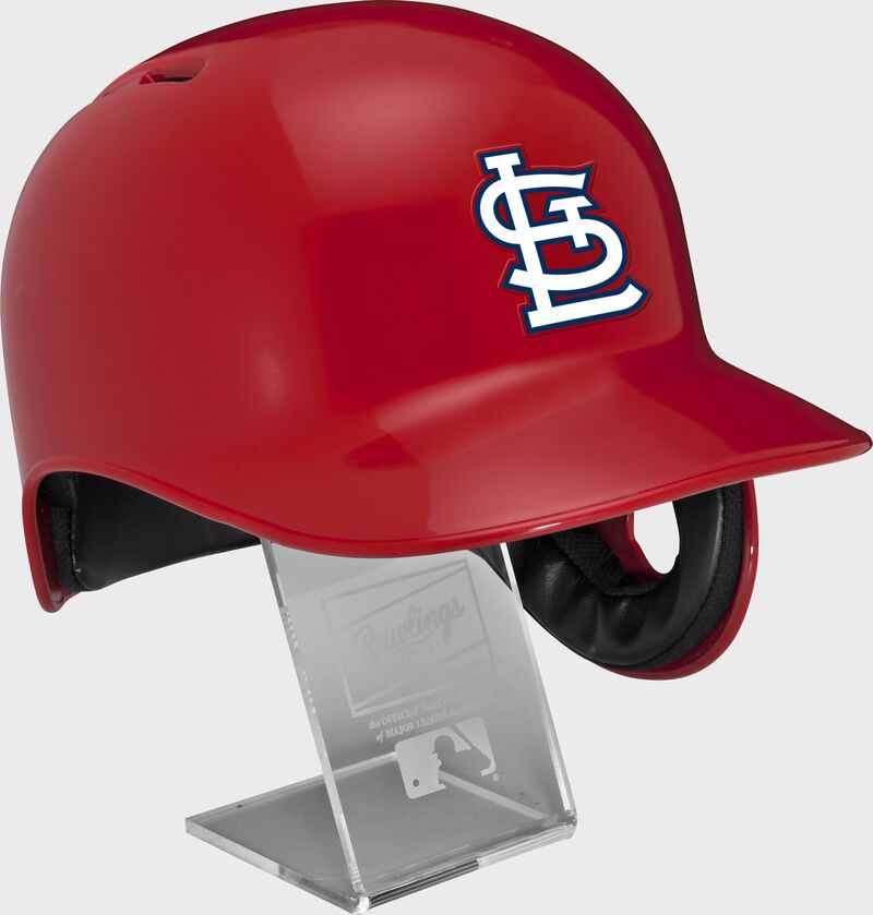 Right angle view of a MLBRL-STL St. Louis Cardinals replica helmet on a display stand