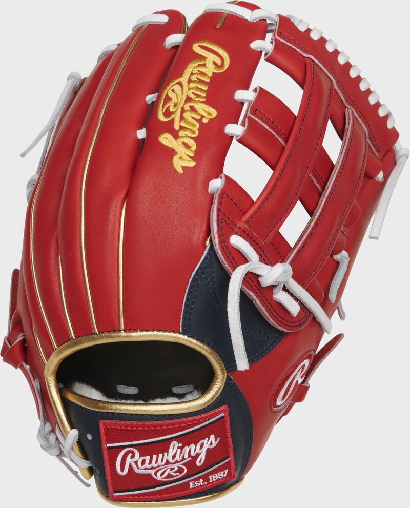 Scarlet back of a Ronald Acuña Jr. Pro Preferred glove with a red Rawlings patch - SKU: PROSRA13