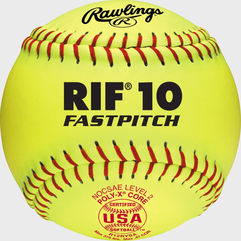 A yellow C12RYSA USA NFHS Official 12" Dream Seam softball with red stitching