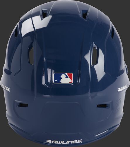 Back of a black MCH01A Rawlings Mach baseball helmet with a MLB logo sticker