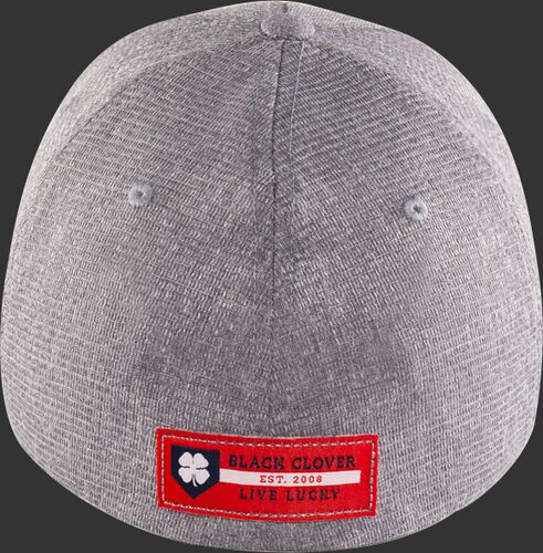 Red Black Clover logo patch on the back of a grey Rawlings Black Clover fitted hat - SKU: BCRBCN0061