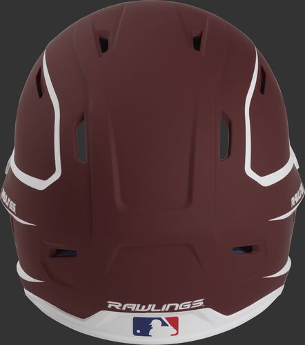 Back of a cardinal/white MACH high performance senior helmet with the Official Batting Helmet of MLB logo
