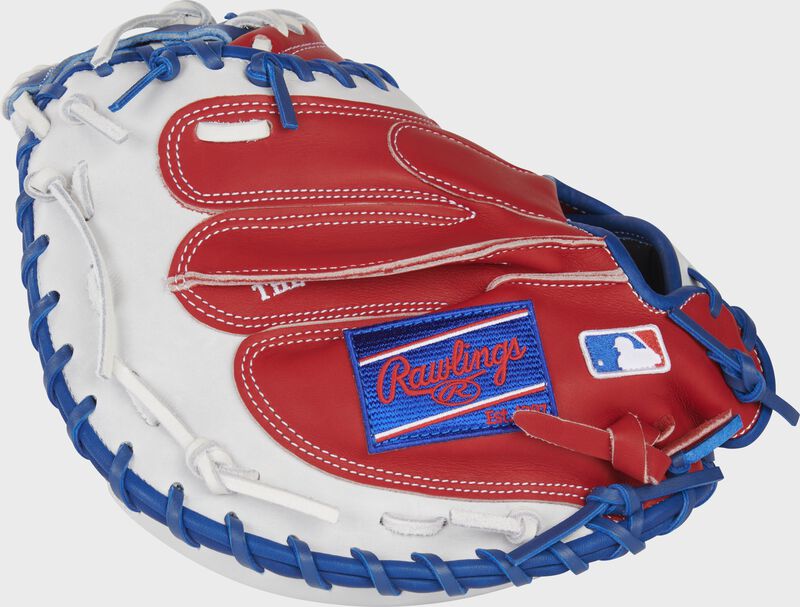 Back of a scarlet/white 34" HOH R2G catcher's mitt with a royal Rawlings patch - SKU: RSGPRORYM4SW loading=