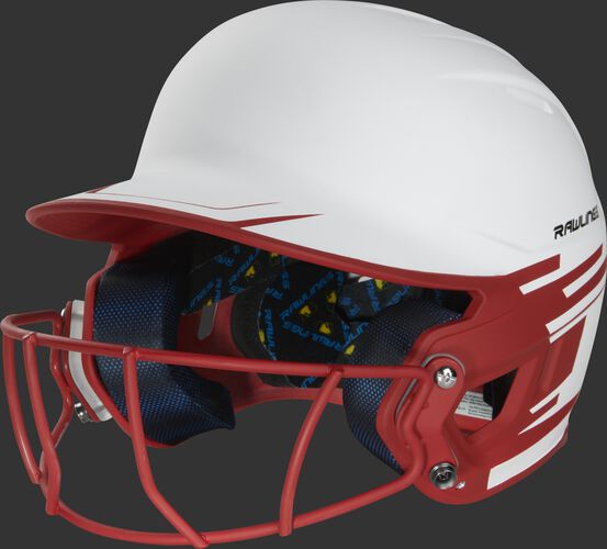 Front left of a white/scarlet Mach softball helmet with a scarlet mask - SKU: MSB13S-W/S