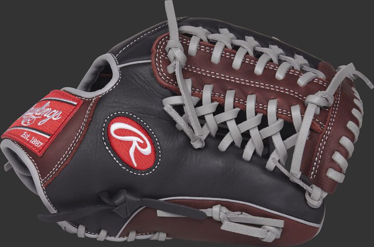Thumb view of a black/sherry R9205-4BSG R9 series 11.75-inch infield/pitcher's glove with a sherry Modified Trap-Eze web