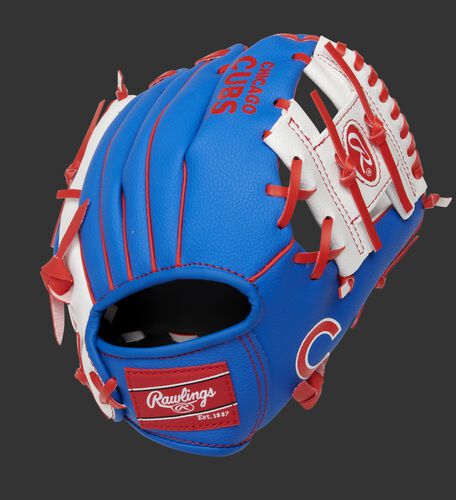 Back of a blue/white Chicago Cubs 10-inch youth I-web glove with a red Rawlings patch - SKU: 22000008111