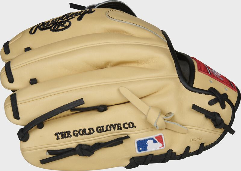 Camel fingerbacks of a Rawlings Brandon Crawford Pro Preferred glove with the MLB logo on the pinkie - SKU: PROS204-BC35