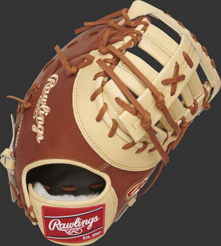 Bruciato back of a Pro Preferred Matt Olson first base mitt with a camel single post, double bar web - SKU: PROSDCTMO28