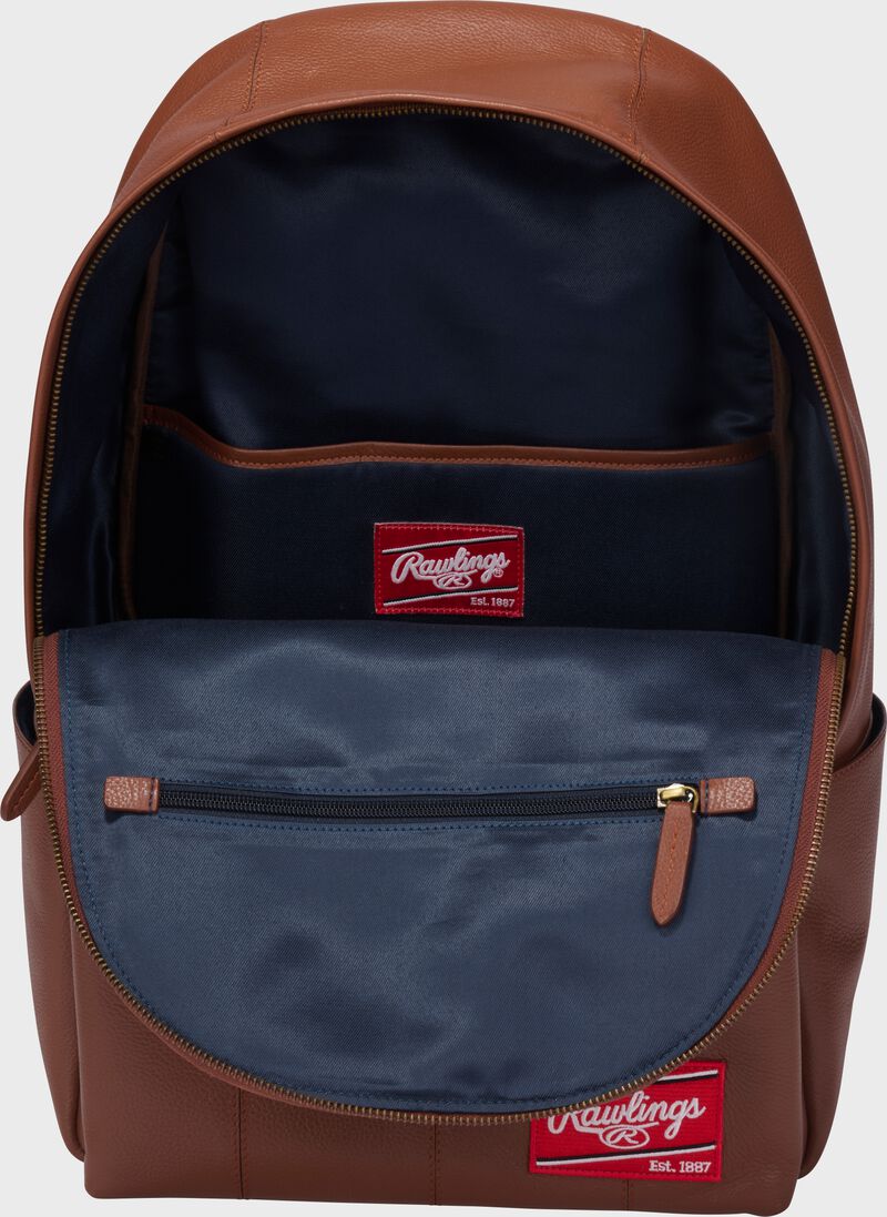 Inside view of a tan Rawlings Strike Out backpack