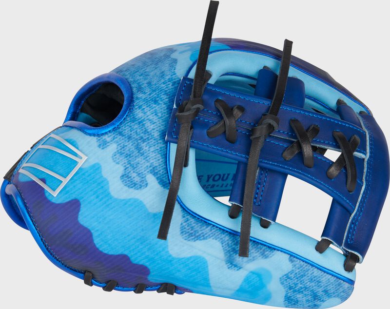 Thumb of a blue Rawlings limited edition Father's Day REV1X infield glove with a royal split, laced single post web
