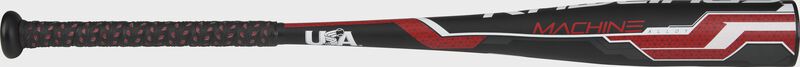 A black 2018 Machine -8 USA Baseball bat with red and grey accents - SKU: MODUS8MC8