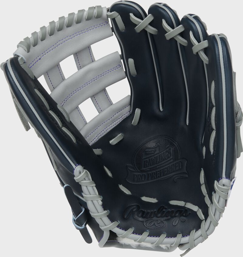 Navy palm of a Aaron Judge Pro Preferred 12.75-Inch Outfield Glove with gray laces