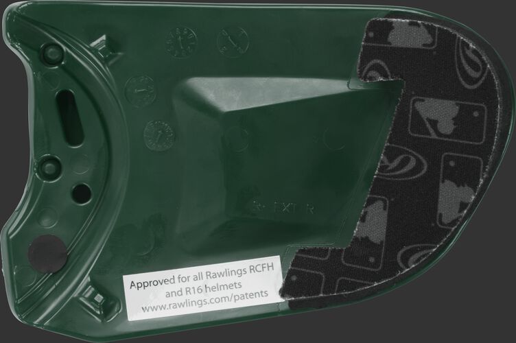 Padding on a dark green REXT Rawlings R-EXT universal batting helmet face guard extension