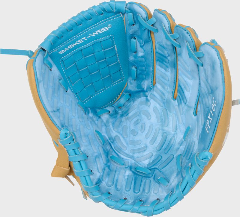 Columbia blue tie-dye Flex Palm of a Rawlings Flex Palm Series 10-Inch Youth Baseball Glove loading=