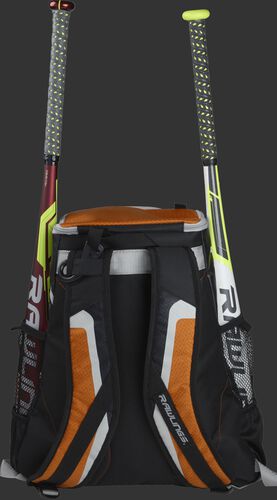 Back of a black/orange R500 team backpack with two bats in the side sleeves