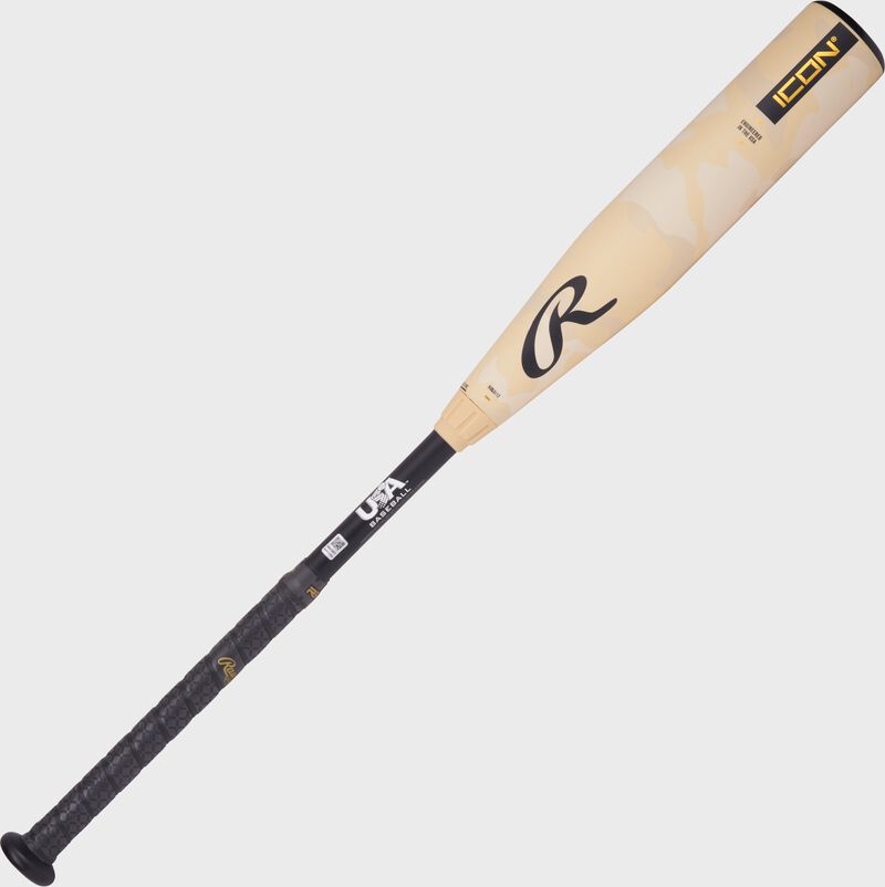 A tan/black Rawlings Icon USA Baseball -12 bat with a "R" logo above the handle