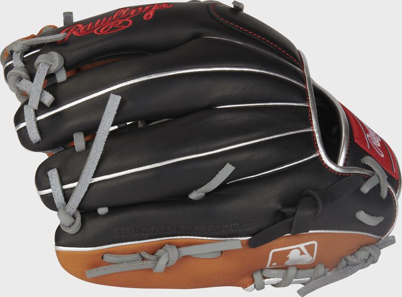 Back of a black/tan R9 ContoUR 11.5" infield glove with the MLB logo on the pinky - SKU: R9115U-4BT