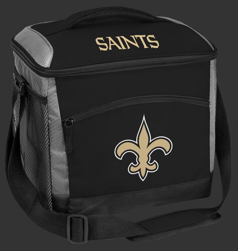 A black New Orleans Saints 24 can soft sided cooler with screen printed team logos - SKU: 10211077111