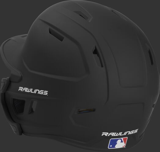 Back left view of a matte black MACHEXTR MACH series batting helmet with air vents