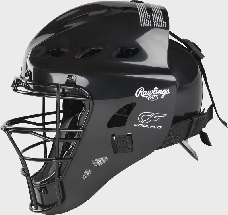 Left side of a black Youth Players Series catcher's helmet
