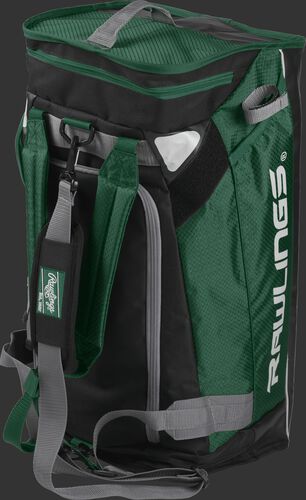 A dark green R601 Rawlings hybrid duffel bag stood up like a backpack