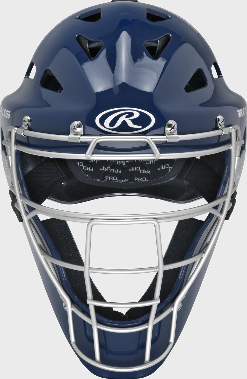 Front of a black CHRNGD Renegade adult hockey-style catcher's helmet