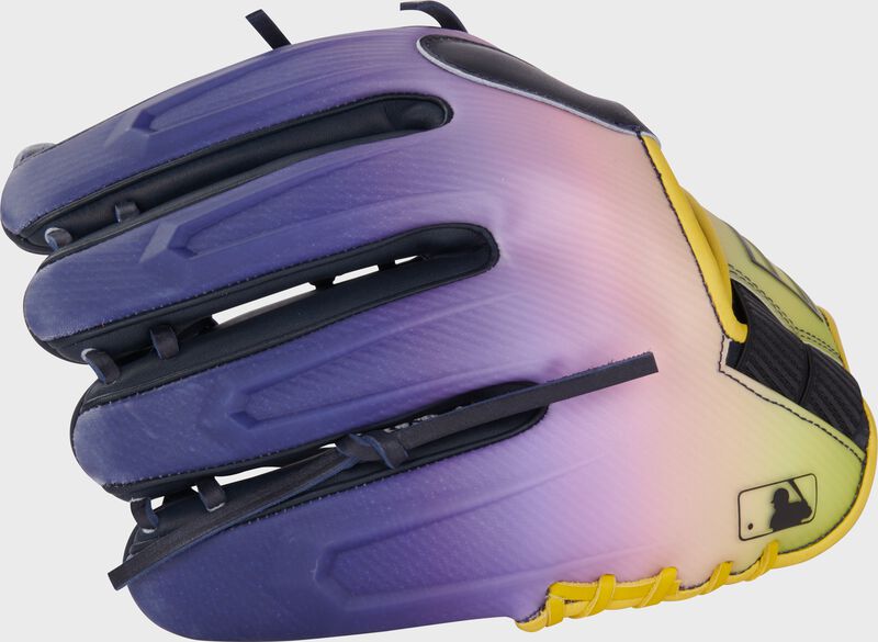 Navy/pink/gold design REV1X back of a Rawlings REV1X infield glove with the MLB logo on the pinky