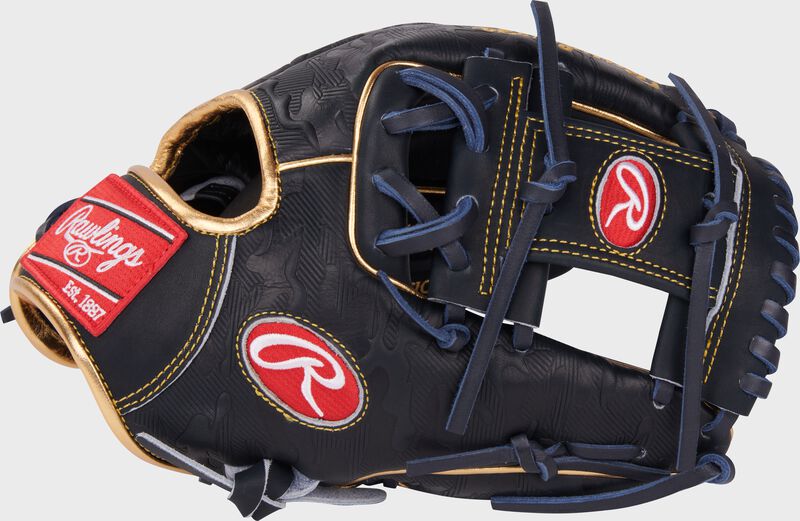 Thumb of a navy Anthony Volpe Heart of the Hide Infield Glove with a navy Pro I-web