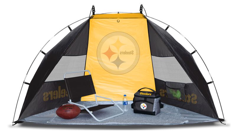 A Pittsburgh Steelers sideline sun shelter set up with a chair, cooler, football and water bottle - SKU: 00961082111