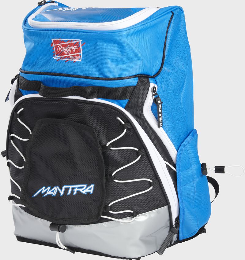 Angled view of a light blue Mantra Rawlings Softball Backpack - SKU: R800