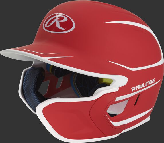 Left angle view of a matte scarlet/white MACHEXTR Mach junior helmet with Mach EXT right hand batter face guard extension