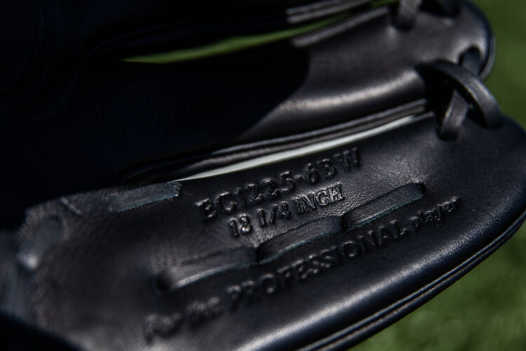 Black pinkie of a Rawlings Encore glove with a field in the background - SKU: EC1225-6BW