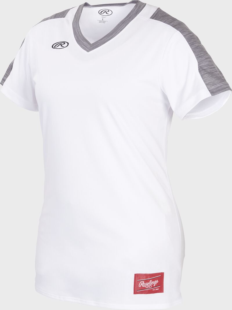 Front of Rawlings Women's White/Gray Adult Short Sleeve Launch Jersey  - SKU #WLNCHJ-W