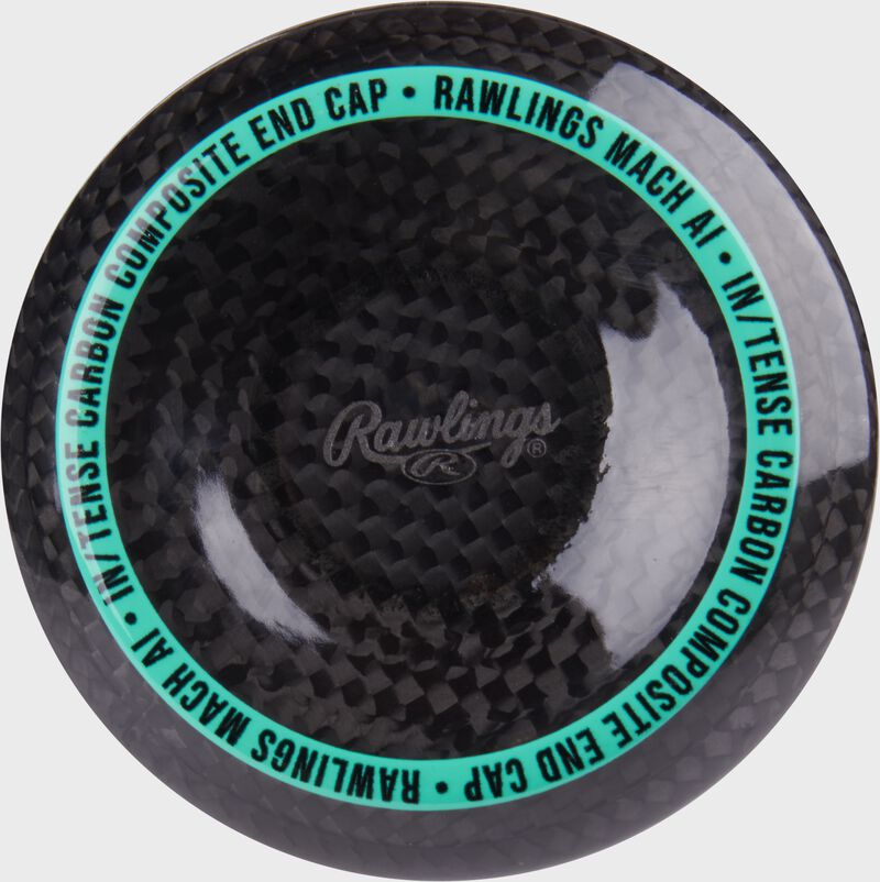 Black/mint composite end cap of a Rawlings Mach AI -10 USSSA bat