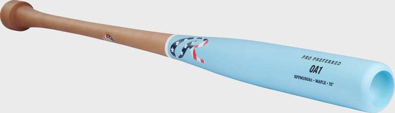 Angled view of a natural/Columbia blue Rawlings Pro Preferred OA1 maple wood baseball bat