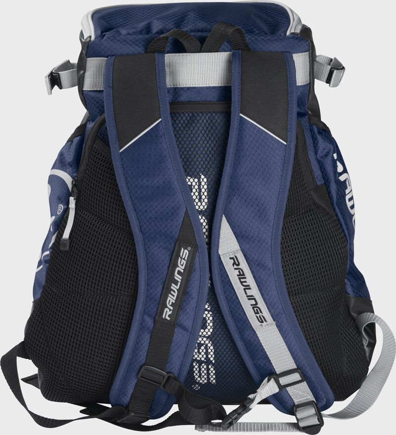 Back of a navy VELOBK Rawlings Velo backpack with navy shoulder straps
