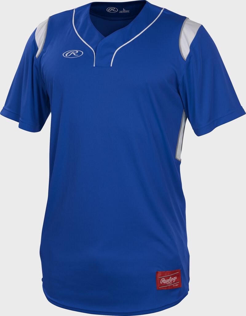 A royal Rawlings short sleeve hidden button jersey with white shoulder inserts - SKU: HBJ-R