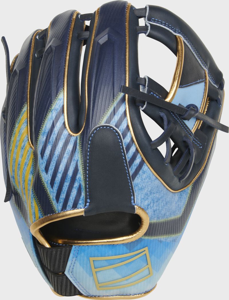 Back of a REV1X 11.5" I-web glove with a navy/Columbia blue stylized graphic and gold accents - SKU: REV204-2XNG loading=