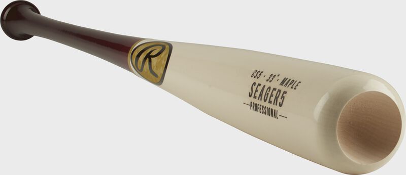 3/4 view of a CS5PL maple Corey Seager bat with a white barrel