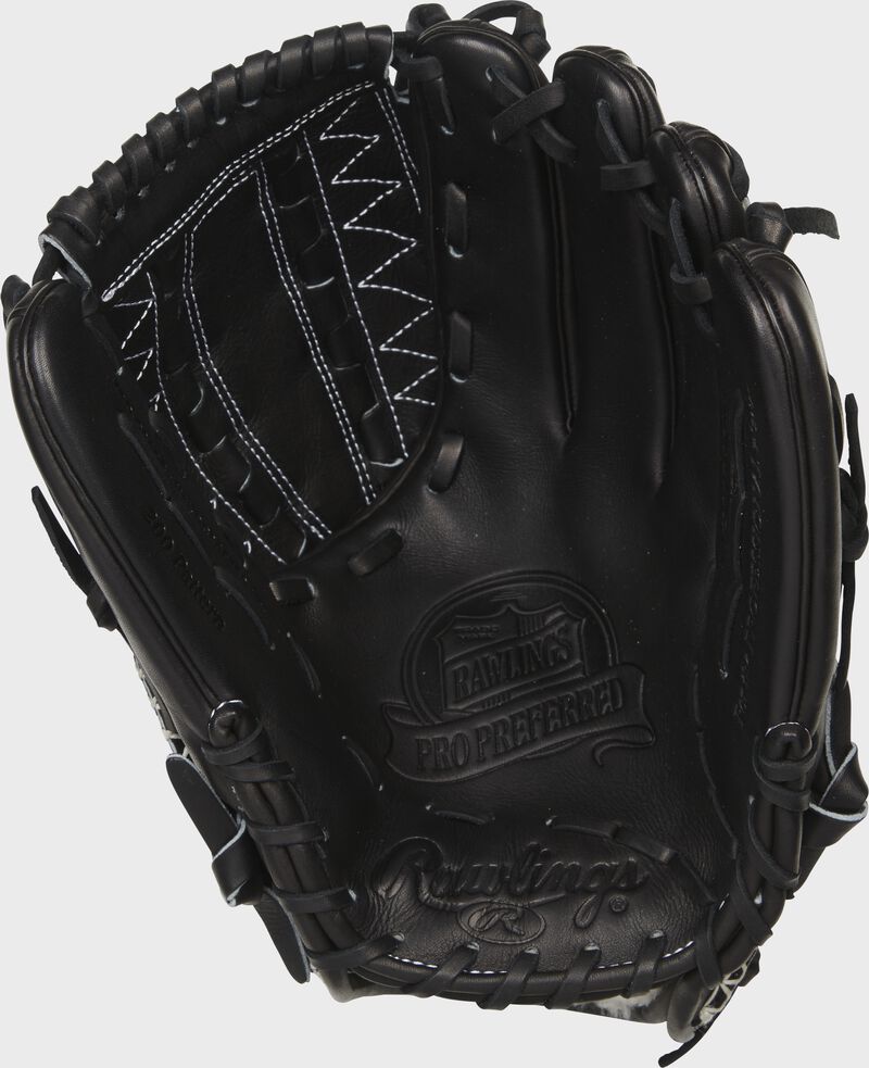Palm of a black Rawlings Pro Preferred infield/pitcher's glove with a black web and black laces - SKU: PRO1200PRBPRO